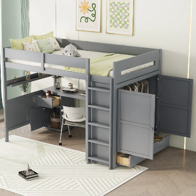 Wooden Full Size Loft Bed with Desk, Shelves and Wardrobe, Grey