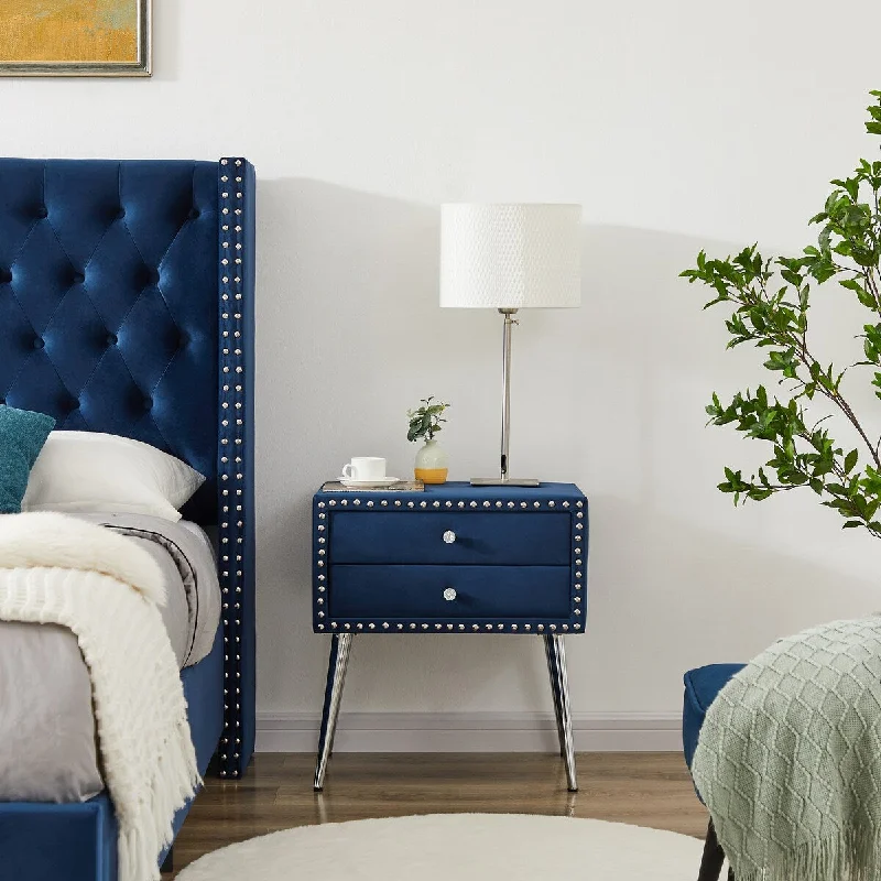 100% Blue Velvet nightstand,Classic silver rivet elegant button tufted design with two drawer and metal legs