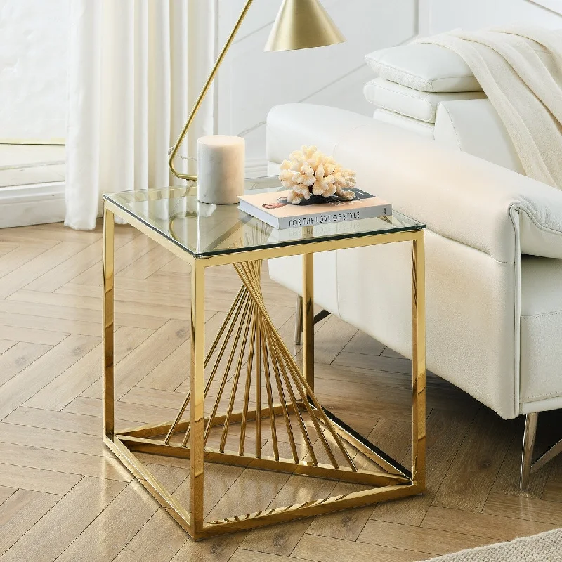 20 Inch Modern Glass Nightstand with Geometric Metal Frame