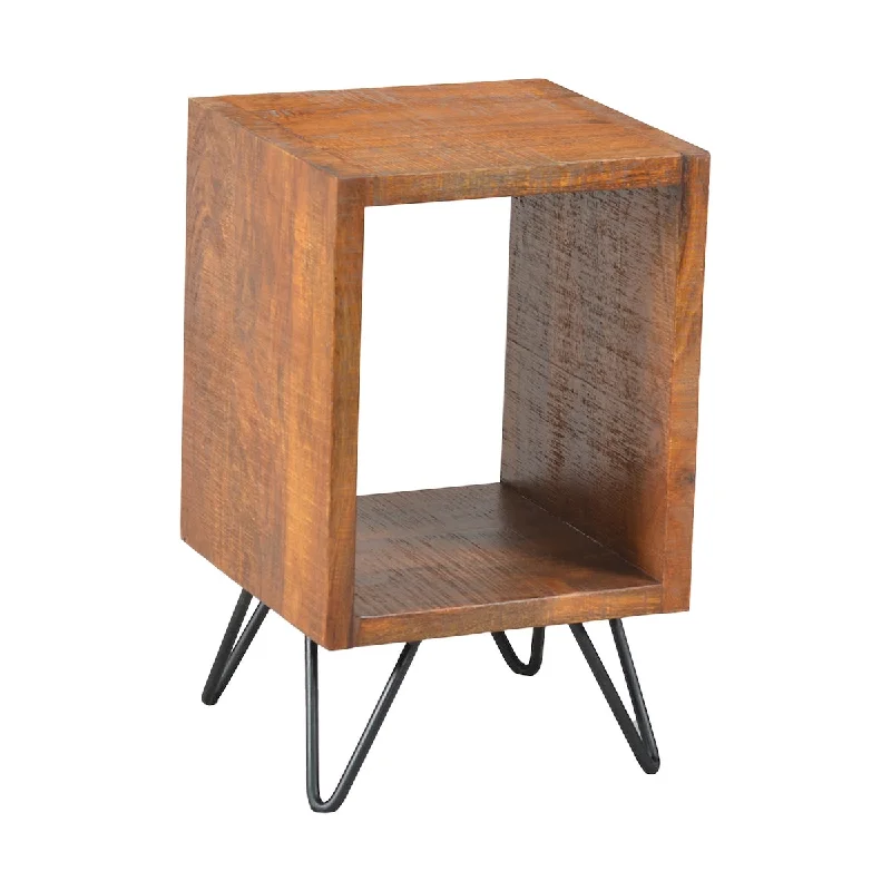 22 Inch Textured Cube Shape Wooden Nightstand with Angular Legs, Brown and Black