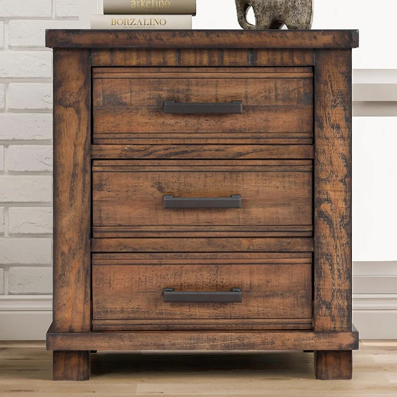 3-Drawers Rustic Pine Solid Wood Nightstand