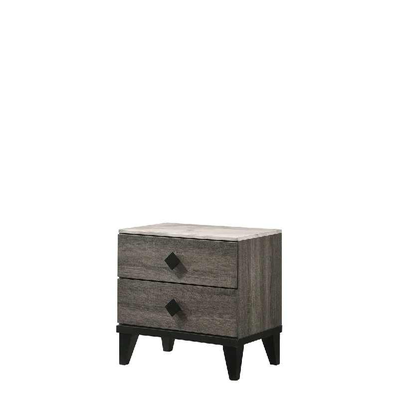 Avantika Nightstand with 2 Drawers, Wooden Tapered Leg & Trim Base, Faux Marble & Rustic Gray Oak