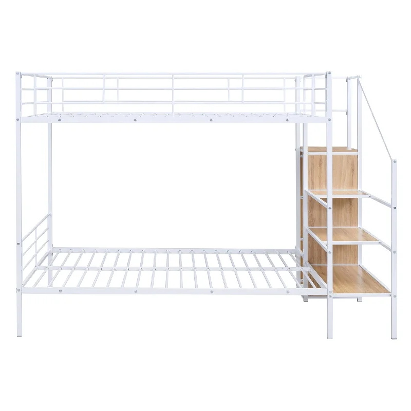 Black Heavy Duty Metal Bunk Platform Bed Full Over Full Size w/ Storage Beds Lateral Storage Ladder & Wardrobe, Space Saving Bed