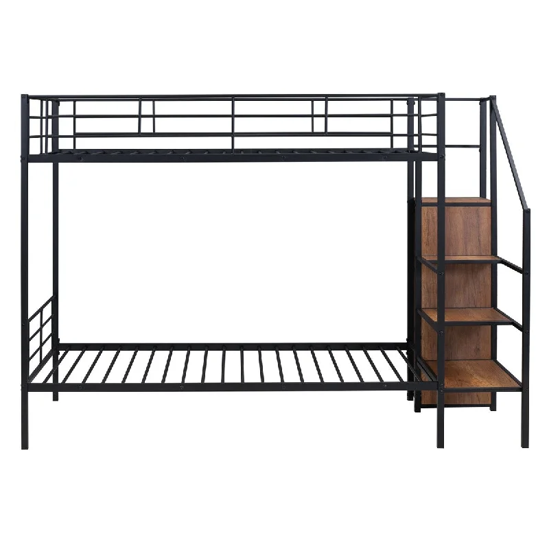 Black Metal Bunk Bed with Storage Stairs and Wardrobe, Heavy Duty Bunkbeds with Lateral Ladder as Shelves for Kids Teens Adults