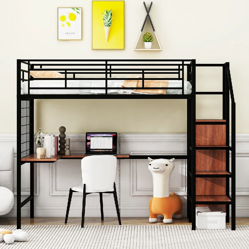 Black Twin Metal Loft Bed w/ Desk & Lateral Storage Ladder & Wardrobe