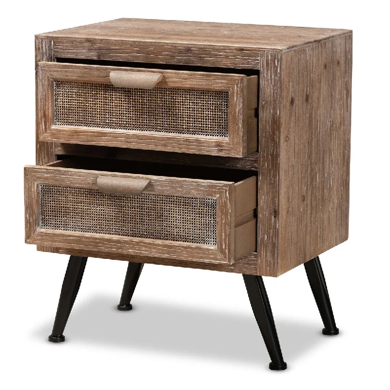 Calida Mid-Century Modern Whitewashed Natural Brown Finished Wood and Rattan 2-Drawer Nightstand