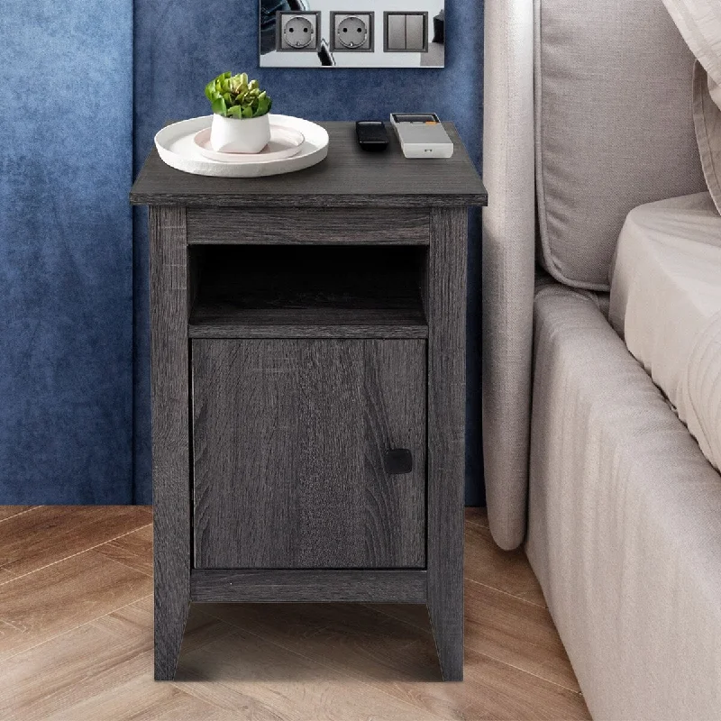 Cement Ash Nightstand with One-Door Storage Cabinet and Open Shelf - P2 Particleboard