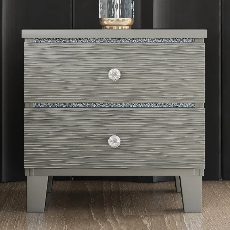 Champagne Silver Rubber Wood Nightstand Side Table with 2 Drawers, Crystal Handle