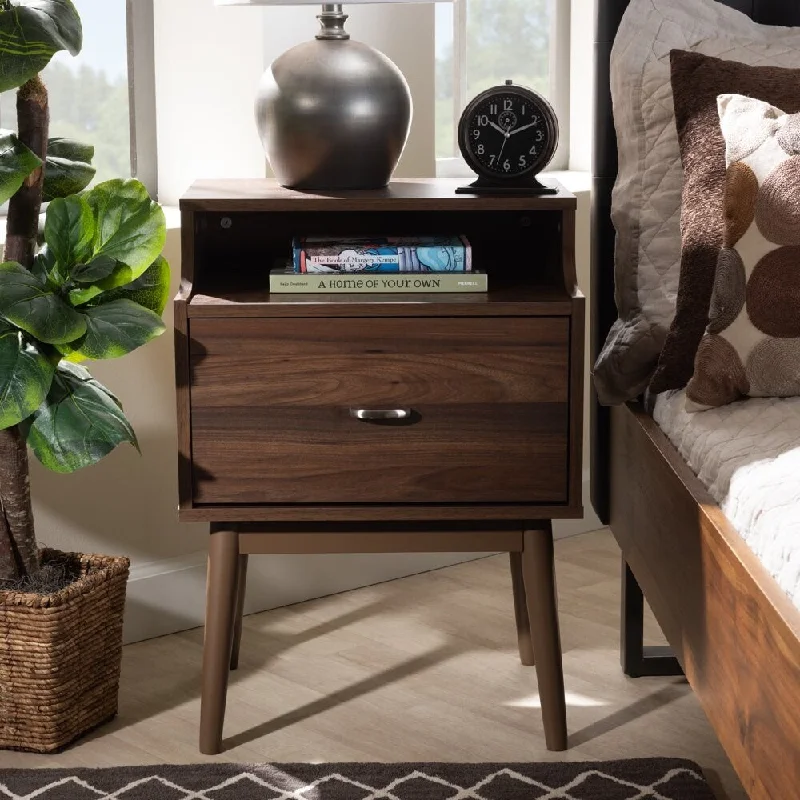 Dahna Mid-Century Modern Walnut Brown Finished Nightstand by Bairbremy Studios