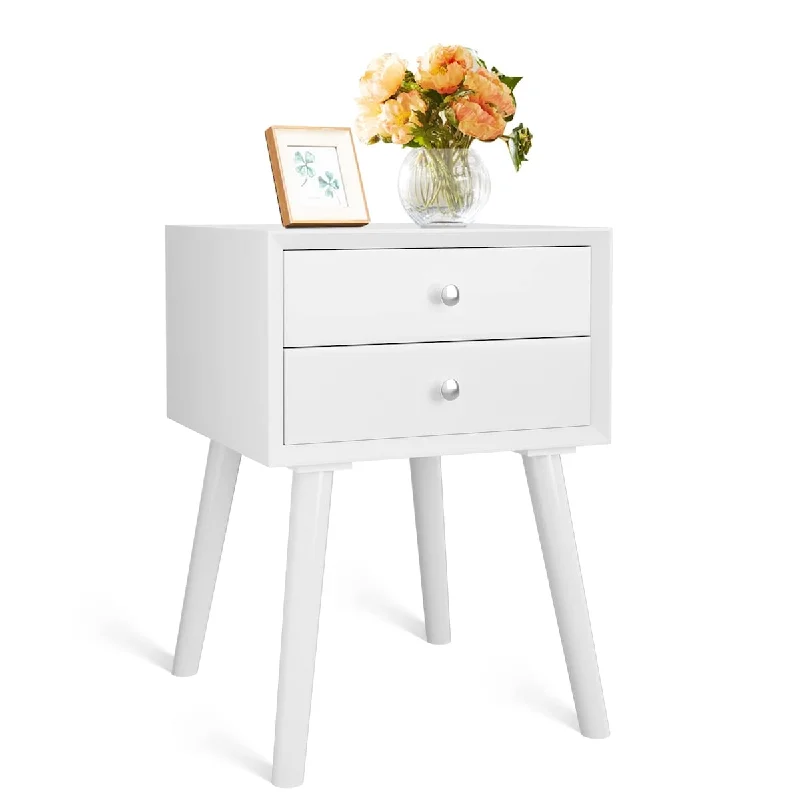 End Side Table Nightstand with Storage Drawer and Shelf, Wood Nightstand with 2-Drawers, Solid Wood Legs Living Room