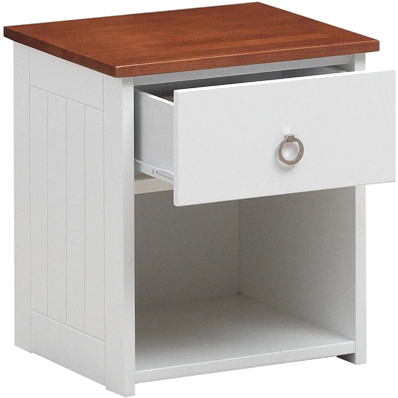 Farah Nightstand, White & Oak, Nautical Coastal Style, 1 Drw&Open Compartment (Wood Shelf), Wooden Case (Solid Wood)