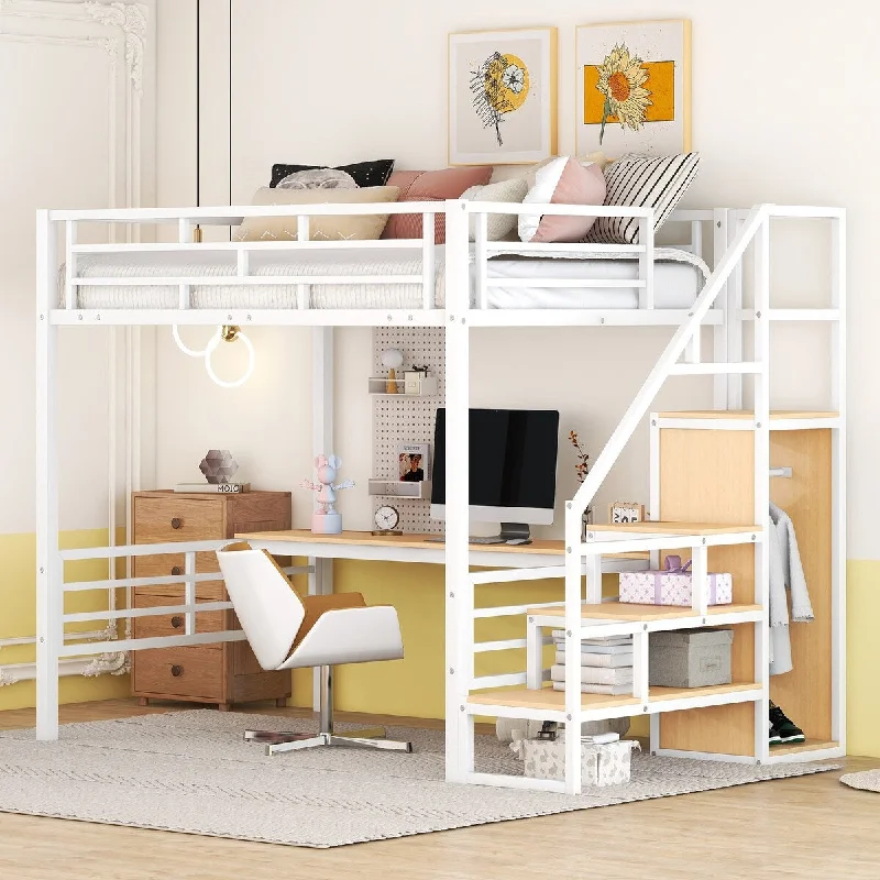 Full Size Loft Bed with Desk, Storage Staircase and Wardrobe, Ivory