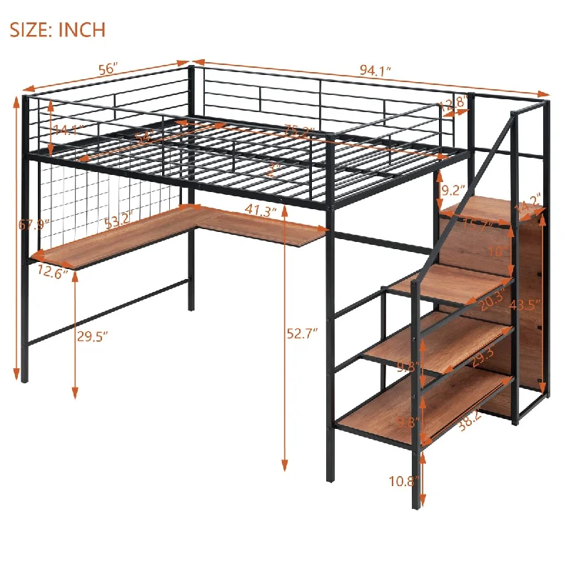 Full Size Metal Loft Bed Stylish Metal Platform Frame Bed with Desk and Metal Grid, Lateral Storage Ladder and Wardrobe