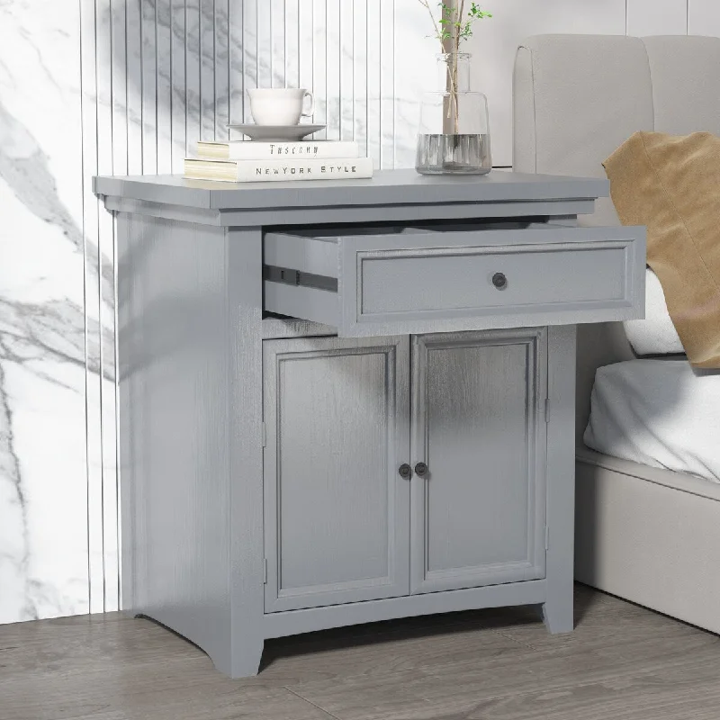 Gray Pine Wood and MDF Modern Nightstand - Slide Drawer, Flip Cabinet - Stylish Space-Saver