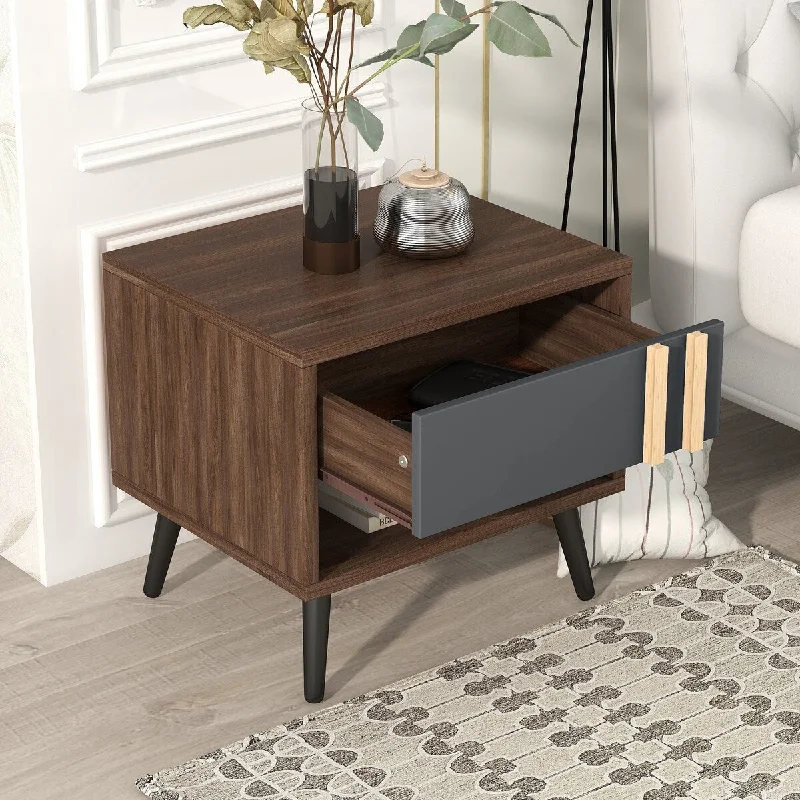 Gray+Walnut Rustic Nightstand - Drawers, Space-saving