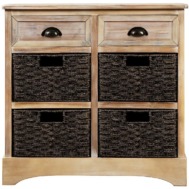 Home Farmhouse Style Nightstand with 2 Drawers and 4 Classic Wicker Baskets Rustic Storage Cabinet