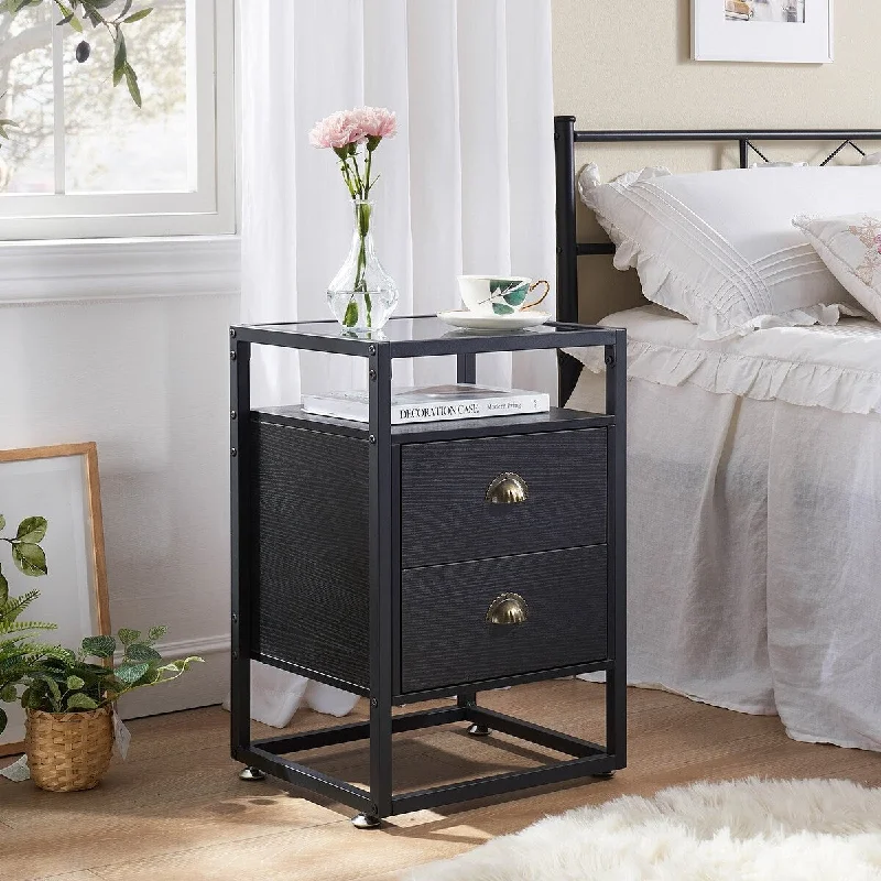 Javlergo Tempered Glass Top Nightstand with 2-Drawer and Open Shelf