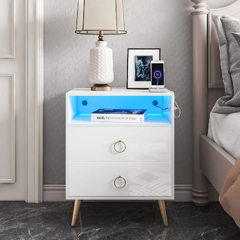 LED Nightstand with Charging Station White Night Stand Table with High Gloss Drawers and Open Shelf Modern Design