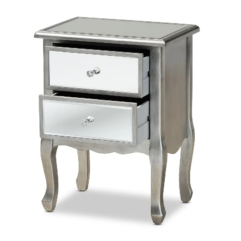 Leonie Modern Transitional French Brushed Silver Finished Wood and Mirrored Glass 2-Drawer Nightstand