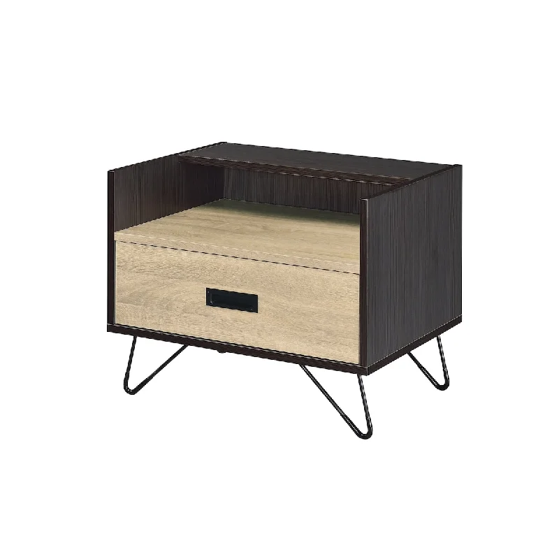 Modern Oak Nightstand with Metal Drawer Glide System and Open Compartment