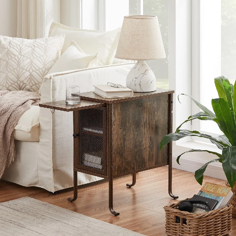 Narrow Nightstand with Pull-Out Tray and 2 Tier Storage Shelf, Rustic Brown