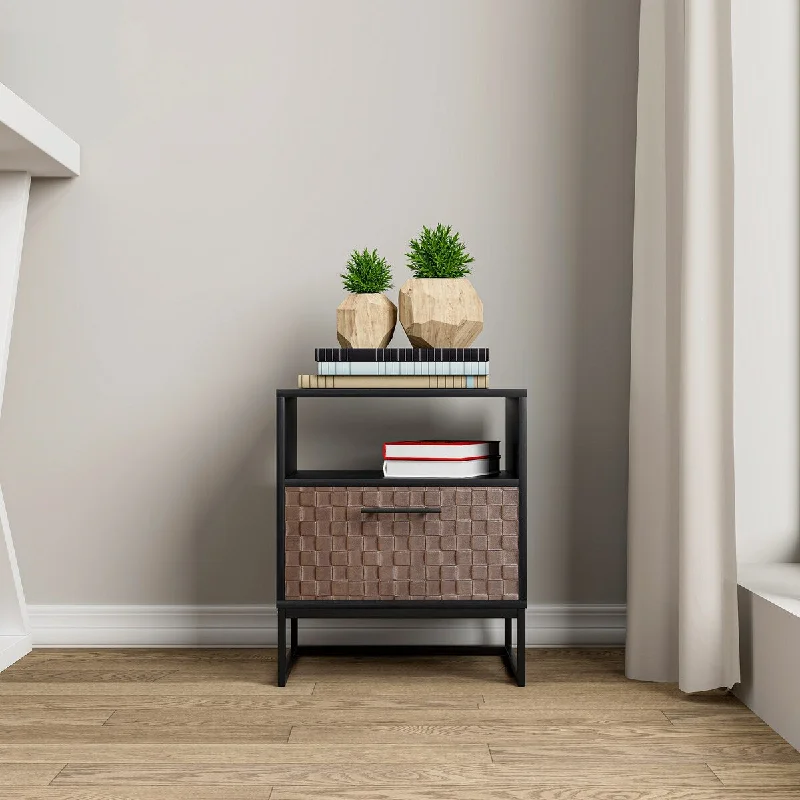 Natural 1-Door Nightstand with Socket, Modern Magnetic Door Buckle