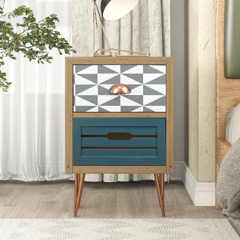 Natural Wood Nightstand with Two Drawers, Metal Feet, and Stylish Design