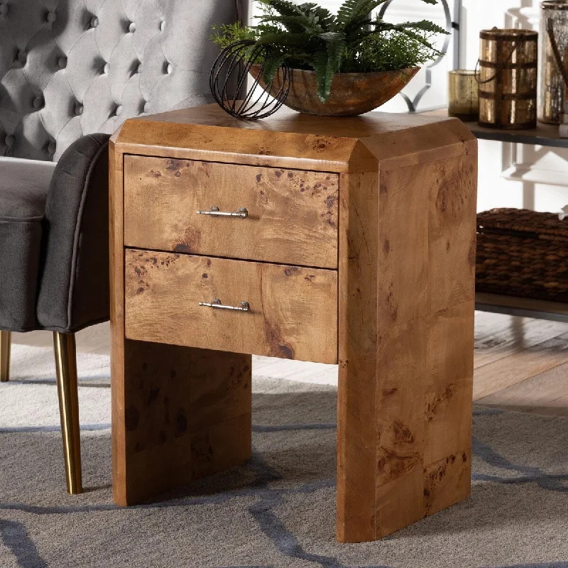 Nebu Modern and Contemporary Natural Mappa Real Burl Wood Nightstand