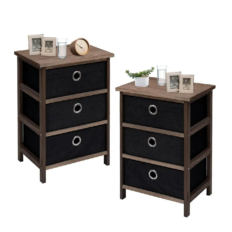 Nightstand Set of 2, 3 Fabric Drawer Nightstands Wooden Frame 3 Drawer Night Stand with Drawers Modern Night Stands