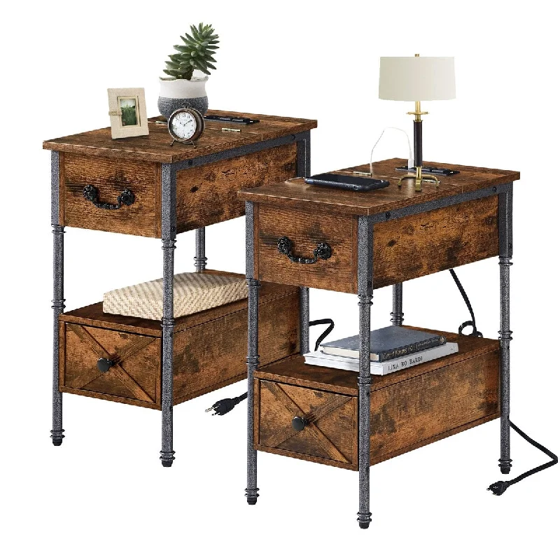 Nightstand Set of 2 with Charging Station and USB Ports& Power Outlets, Rustic Brown