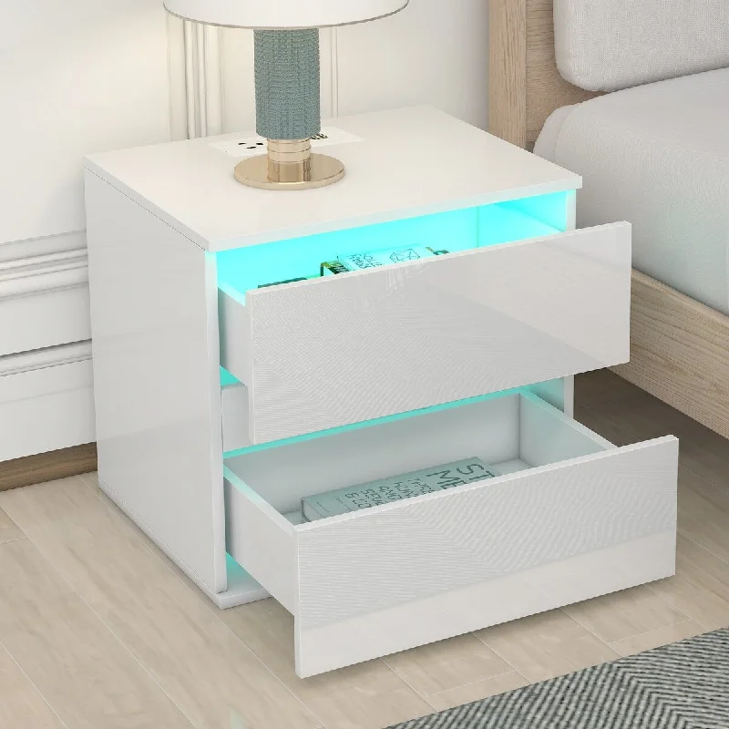 Nightstand with 2 Drawers, USB Charging Ports and RC LED Light, White