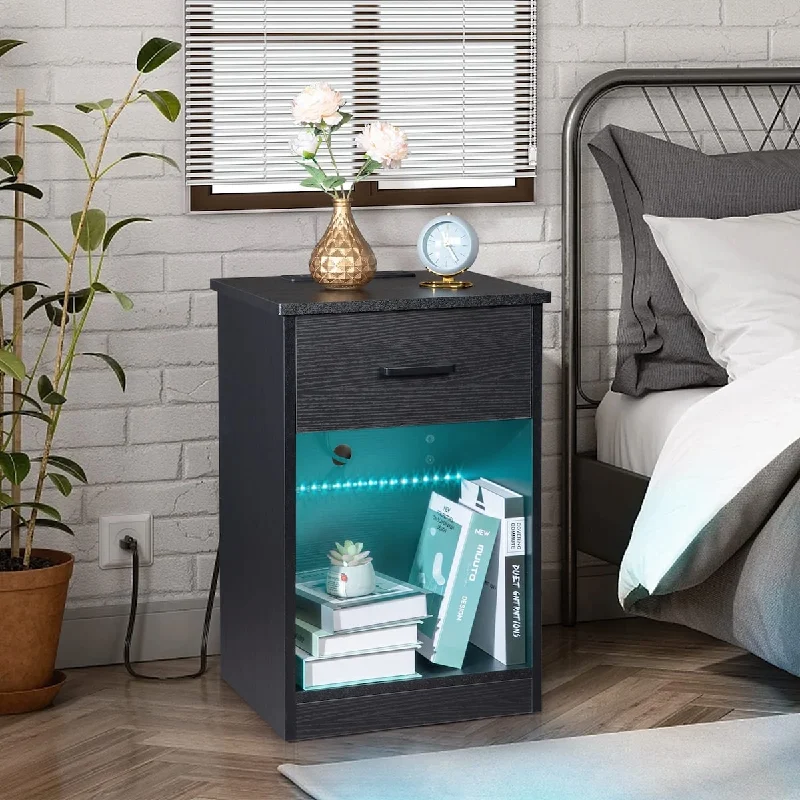 Nightstand with Wireless Charging Station and LED Lights, Modern Design End Side Table with Drawer, Nightstand Storage Cabinet