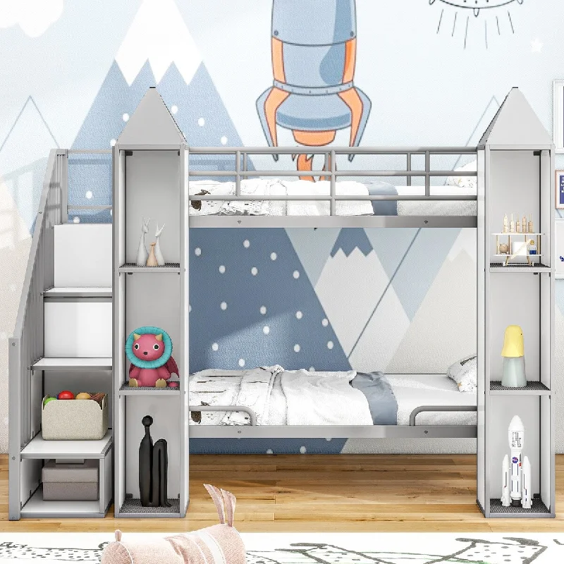 Nordic Creative Twin over Twin White+gray Castle-shaped Bunk Bed w/ Wardrobe Storage Bed &Multiple Storage Upholstered Bed Frame