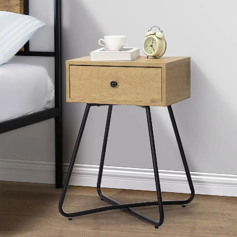 Oak P2 MDF Modern Night Stand Set - 2PCS with Drawer, Cross Legs - Small Space Storage Solution