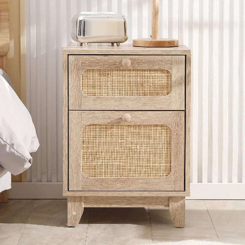 Rattan Nightstand, Boho Side Table with Handmade Rattan Decorated Drawer and Door, Mid-Century Modern Nightstand