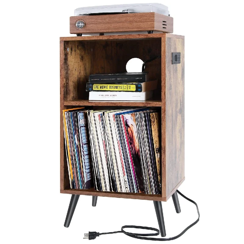 Record Player Stand with Power Charging Station, Vinyl Record Storage Table with Divided Storage Space,