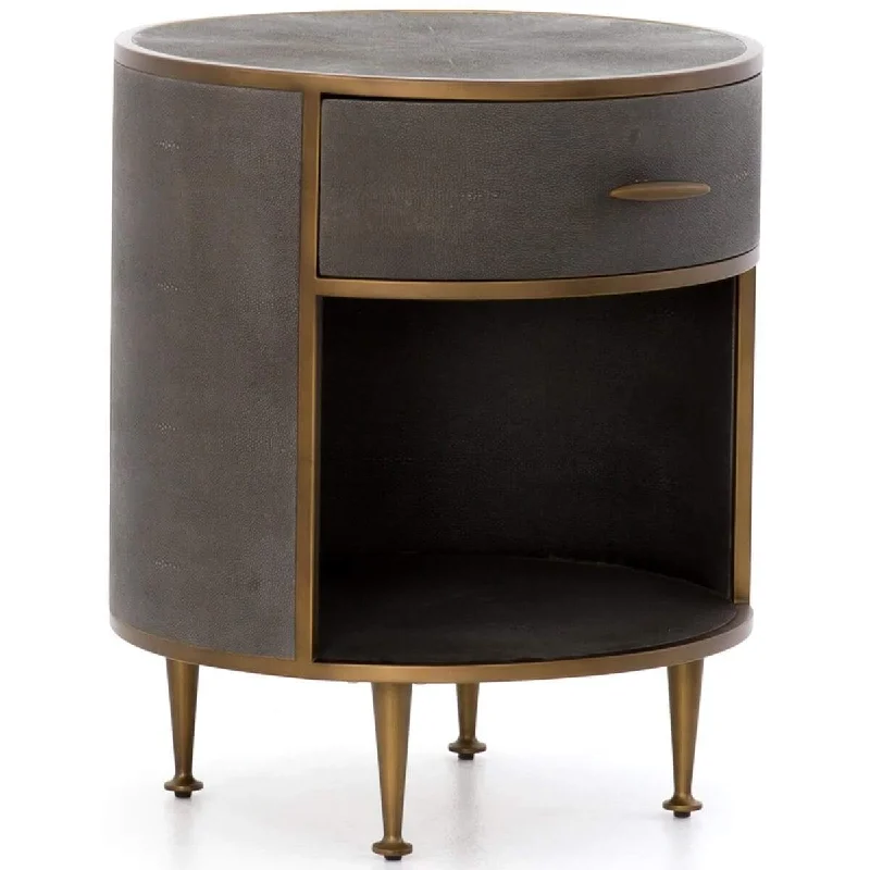 Shagreen Round Nightstand, Antique Brass