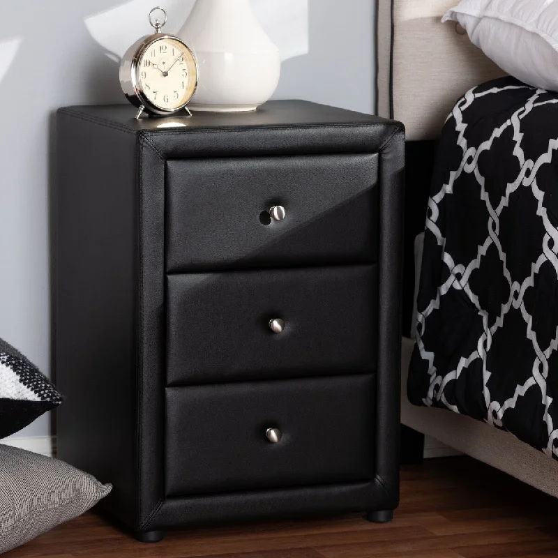 Tessa Modern and Contemporary Black Faux Leather Upholstered 3-Drawer Nightstand