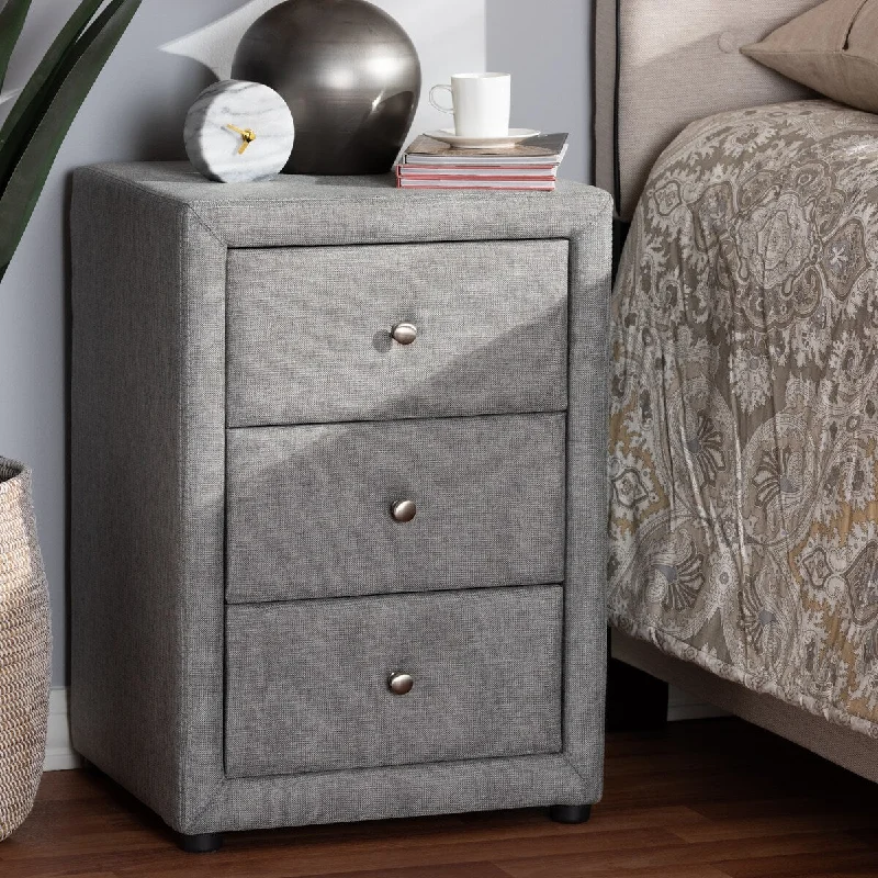 Tessa Modern and Contemporary Grey Fabric Upholstered 3-Drawer Nightstand