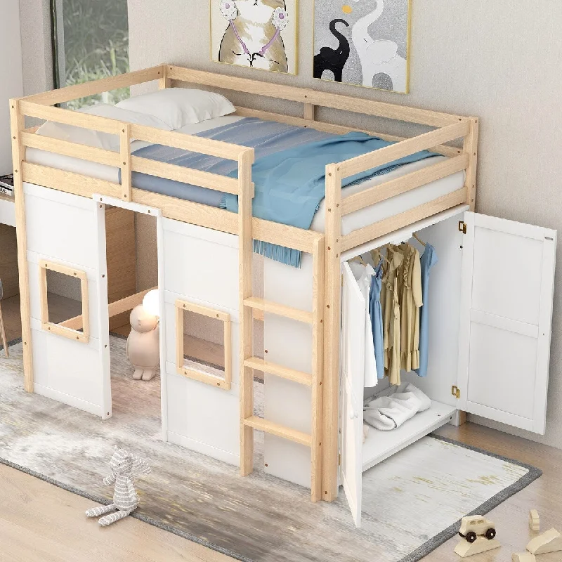 Twin Loft Bed w/ Built-in Storage Wardrobe & 2 Windows, Natural+White