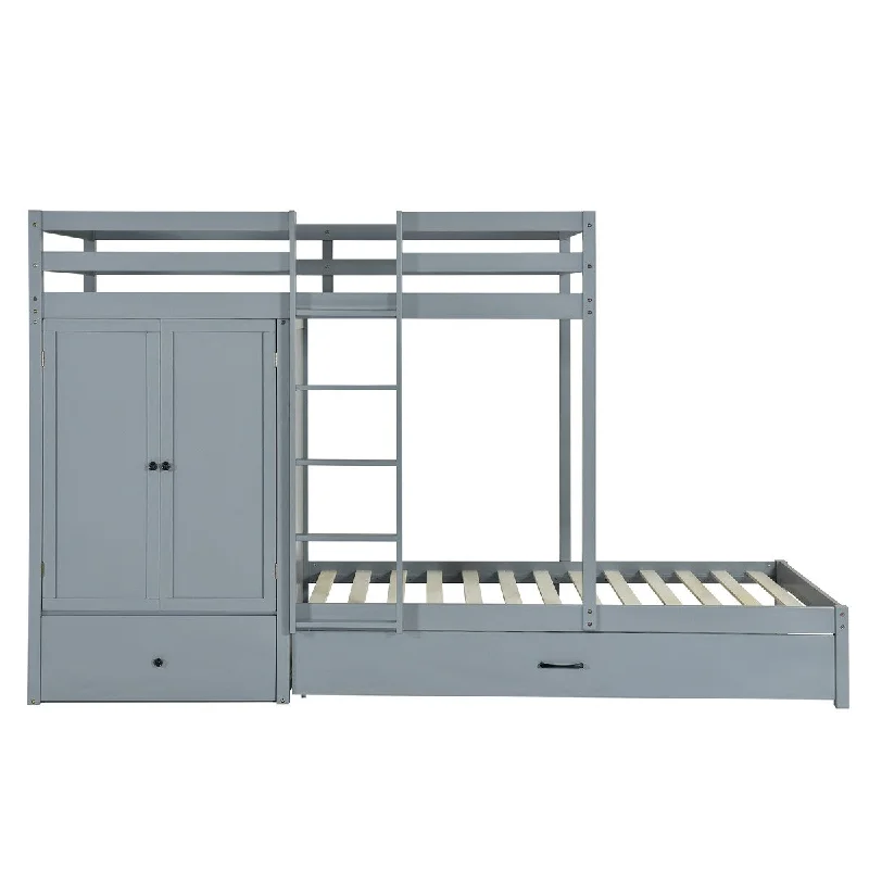 Twin Over Twin Storage Bunk Bed w/ Wardrobe,Drawers and Shelves, Gray