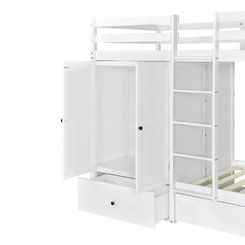 Twin Over Twin Storage Bunk Bed with Wardrobe,Drawers and Shelves