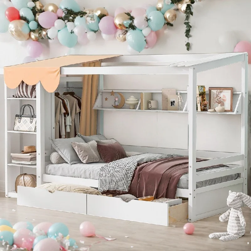 Twin Size Platform Bed with 2-Drawers and Wardrobe, Wooden Child Bed Frame with Shelves and Canopy for Kids Room, White