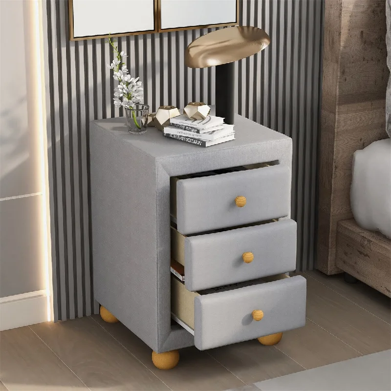 Upholstered Storage Nightstand 3 Drawers Natural Wood Knobs Light Gray