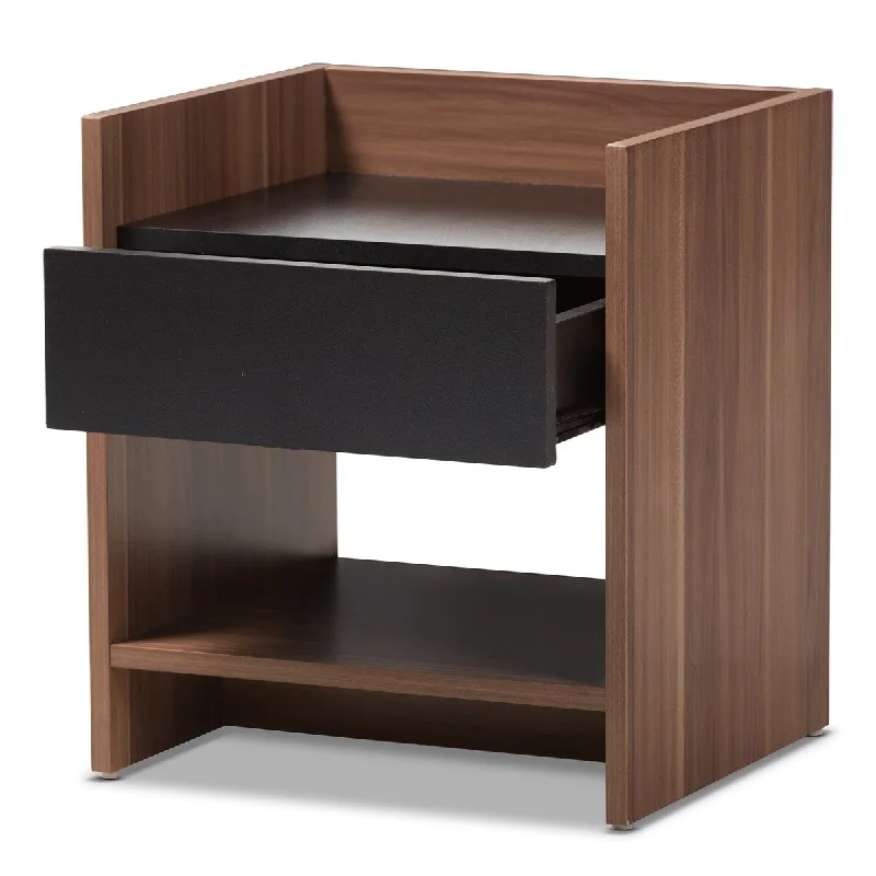 Vanda Modern and Contemporary Two-Tone Walnut and Black Wood 1-Drawer Nightstand