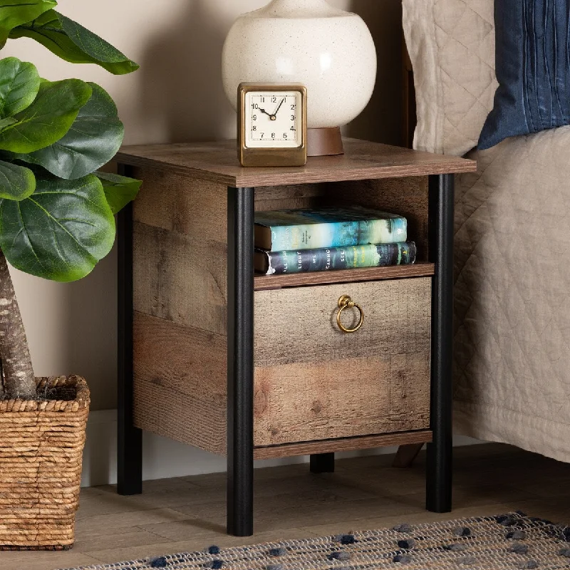 Vaughan Modern and Contemporary Two-Tone Rustic Oak Brown and Black Finished Wood Nightstand