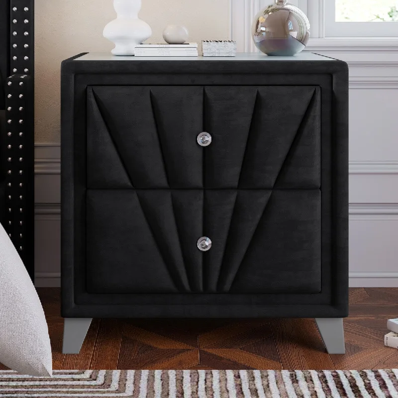 Velvet Channel Tufted Nightstand with Glass Top and Crystal Knobs