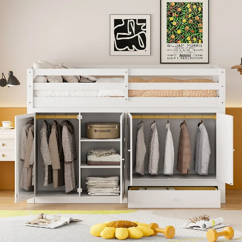 Versatility Galore Twin size Loft Bed with Drawer, 2 Wardrobes and Mirror, Wooden Platform Storage Bed for Boys Girls, White