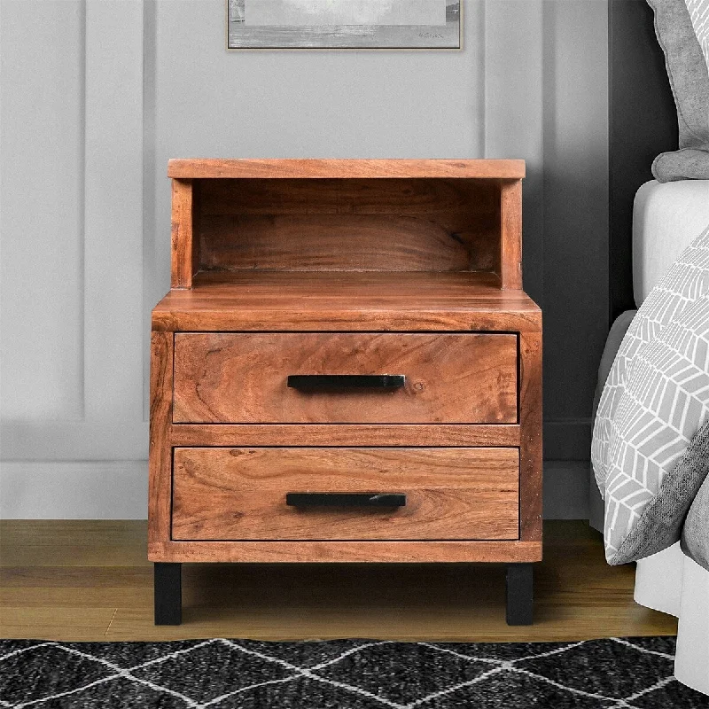 Walnut Brown 22 Inch Acacia Wood Nightstand 2 Drawers&Open Cubby