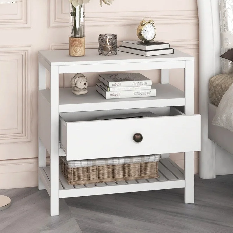 White Modern Wooden Nightstand with Drawer Storage